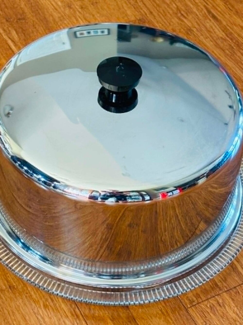 VINTAGE RETRO HEAVY Chrome Dome Cake Cover Stand Pressed Glass Plate 12" Footed